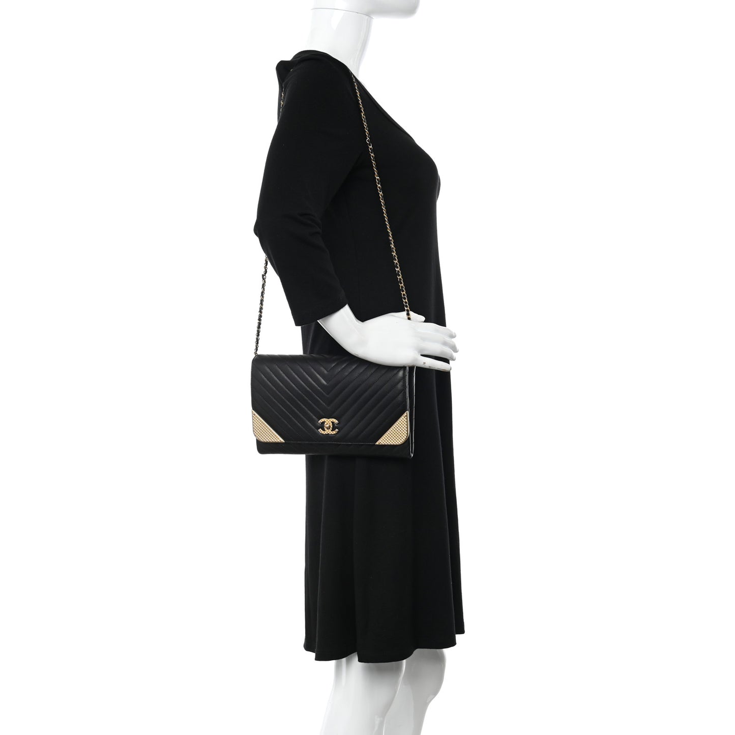 Calfskin Chevron Quilted Rock The Corner Clutch With Chain Black