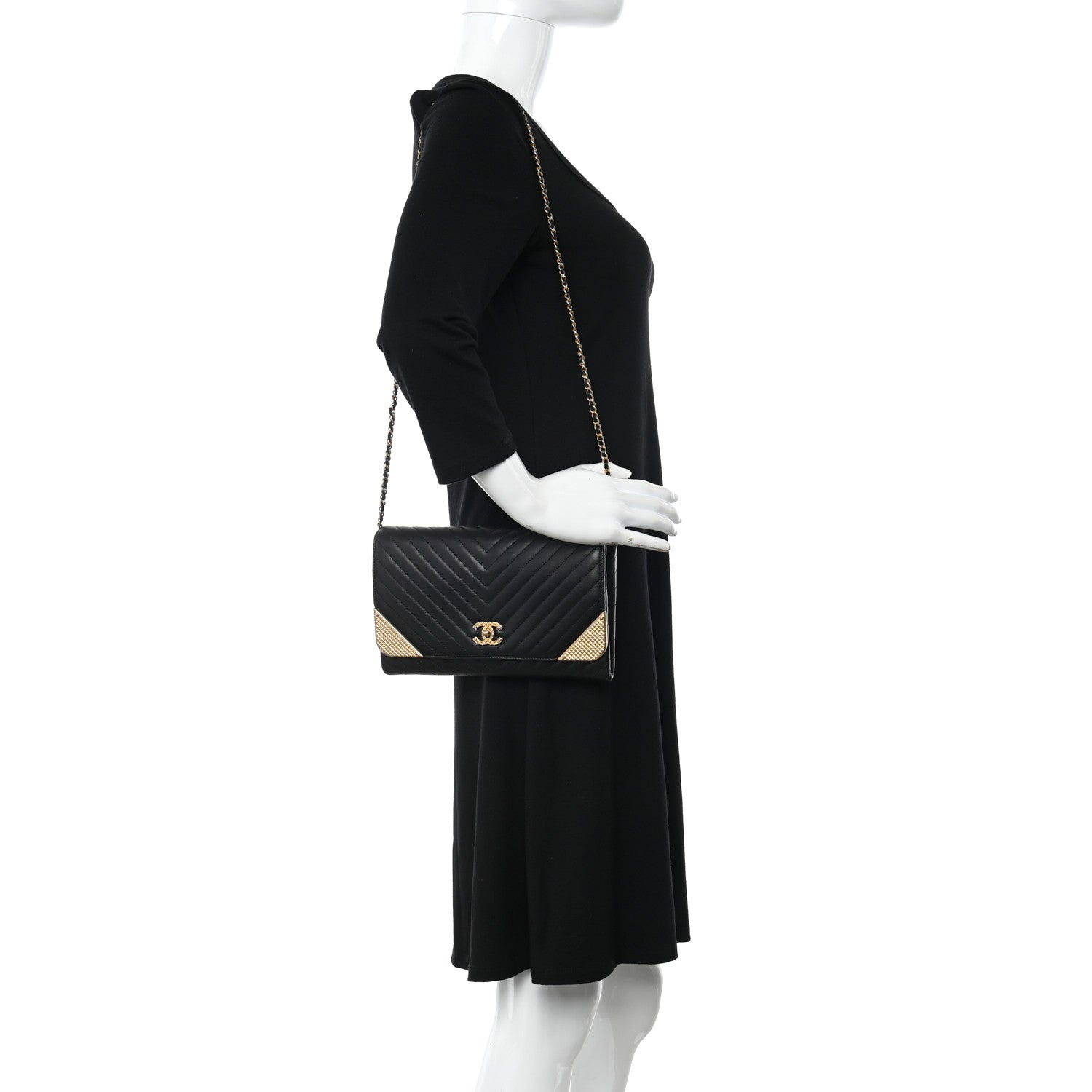 Chanel Calfskin Chevron Quilted Rock The Corner Clutch With Chain Black 3 of 13