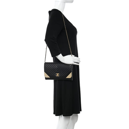 Chanel Calfskin Chevron Quilted Rock The Corner Clutch With Chain Black 3 of 13