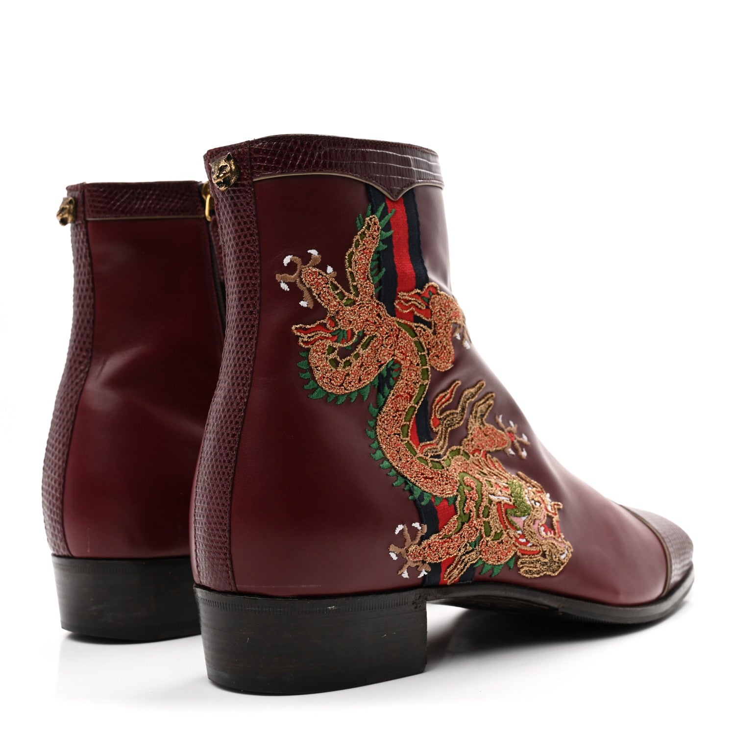 Gucci Calfskin Malaga Kid Lizard Web Dragon Embroidered Ankle Boots 8.5 Bordeaux 5 of 10