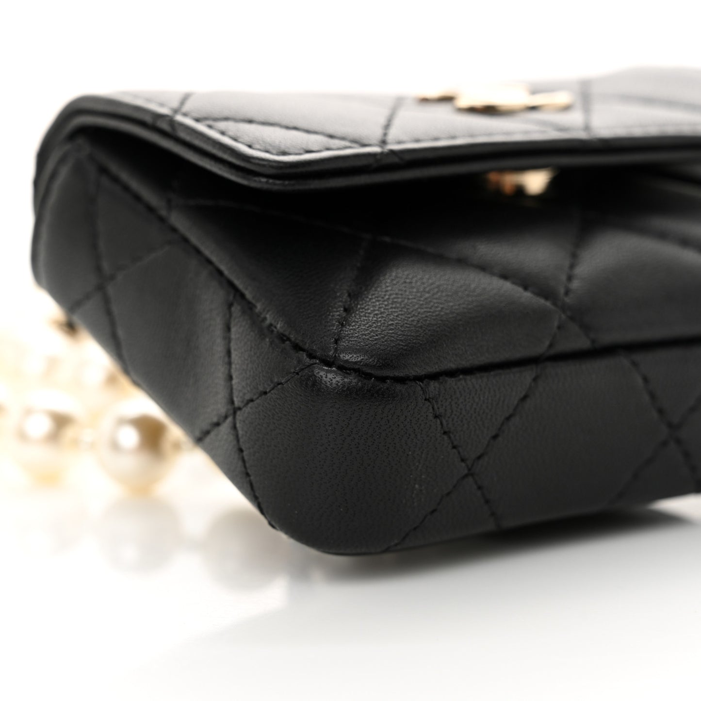 Lambskin Quilted Pearl Chain Belt Bag Black