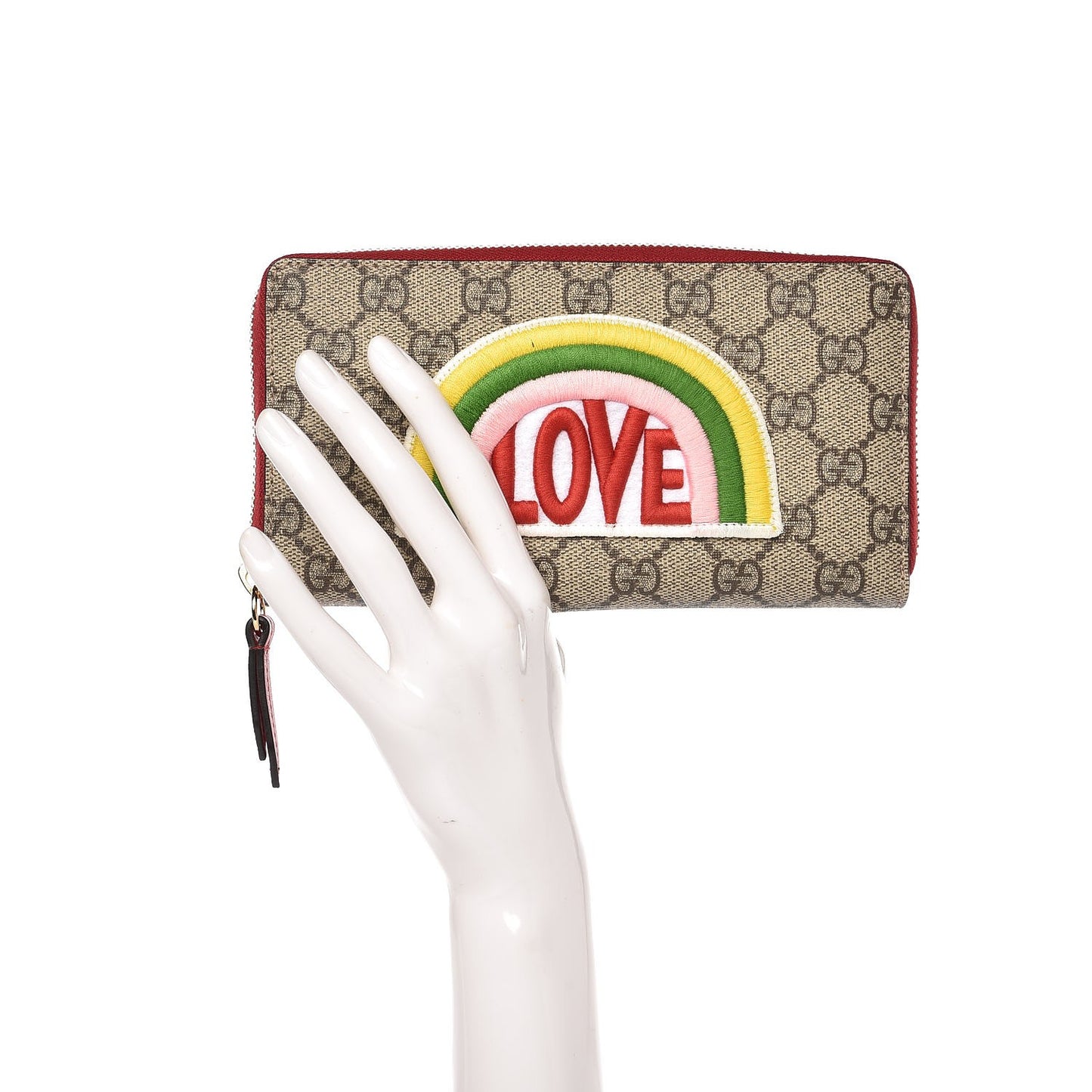 GG Supreme Monogram Embroidered Rainbow Zip Around Wallet Red
