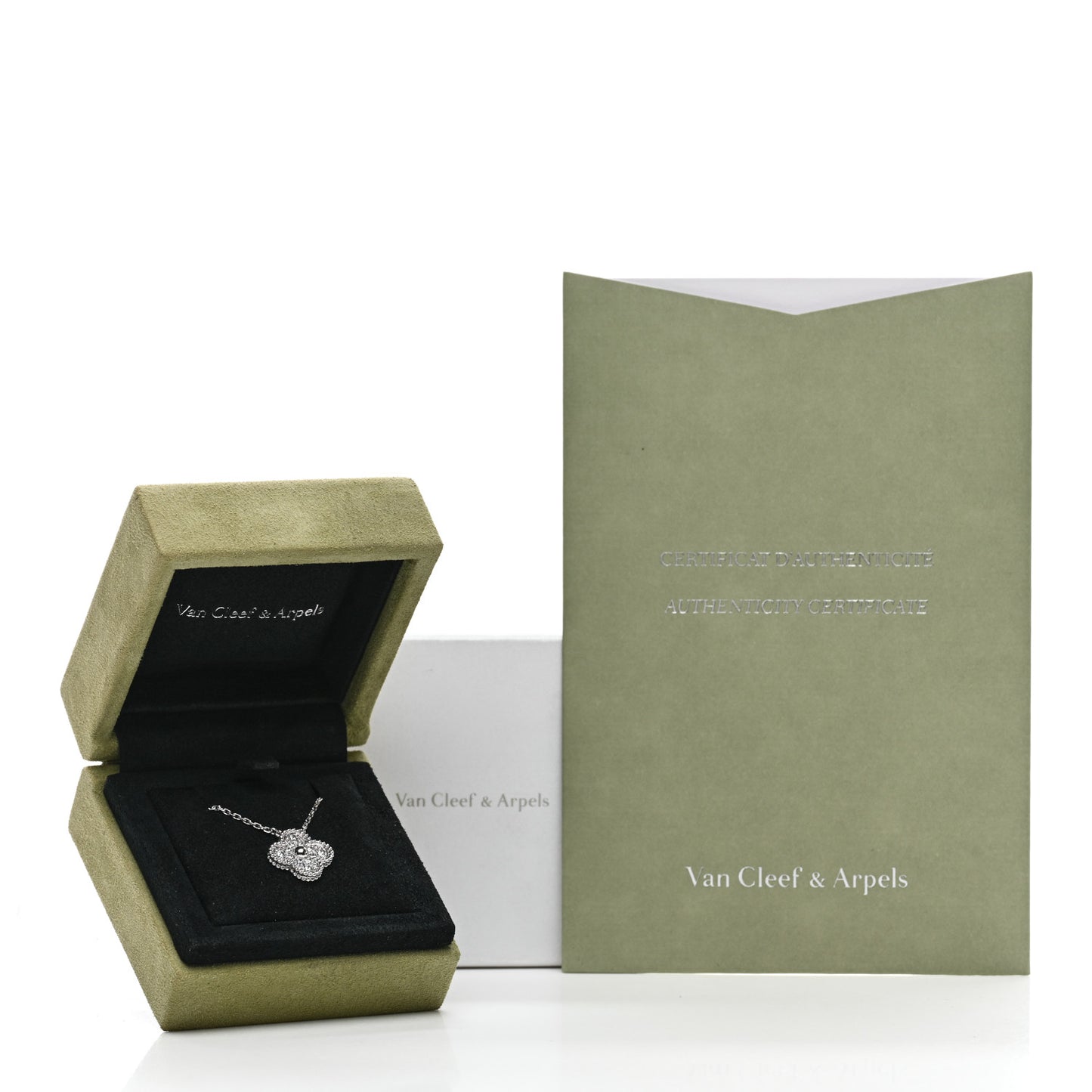 18K White Gold Diamond Vintage Alhambra Pendant Necklace