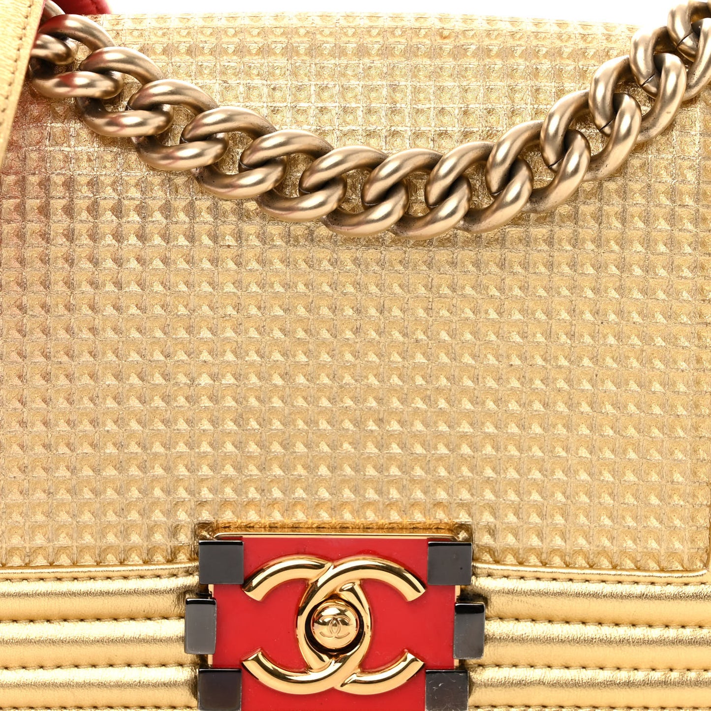 Metallic Lambskin Embossed Small Cube Boy Flap Gold