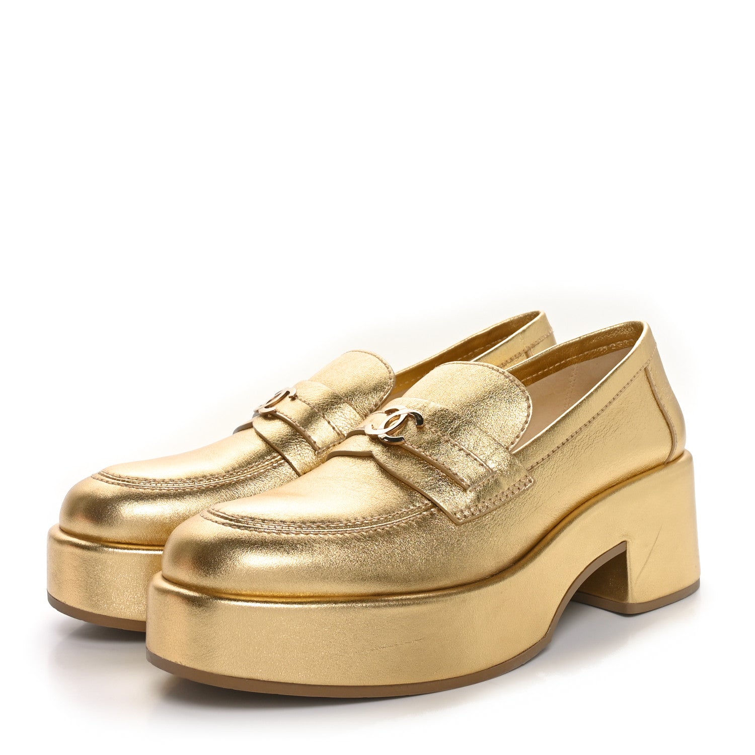 Chanel Laminated Calfskin CC Platform Loafers 38.5 Golden 4 of 8