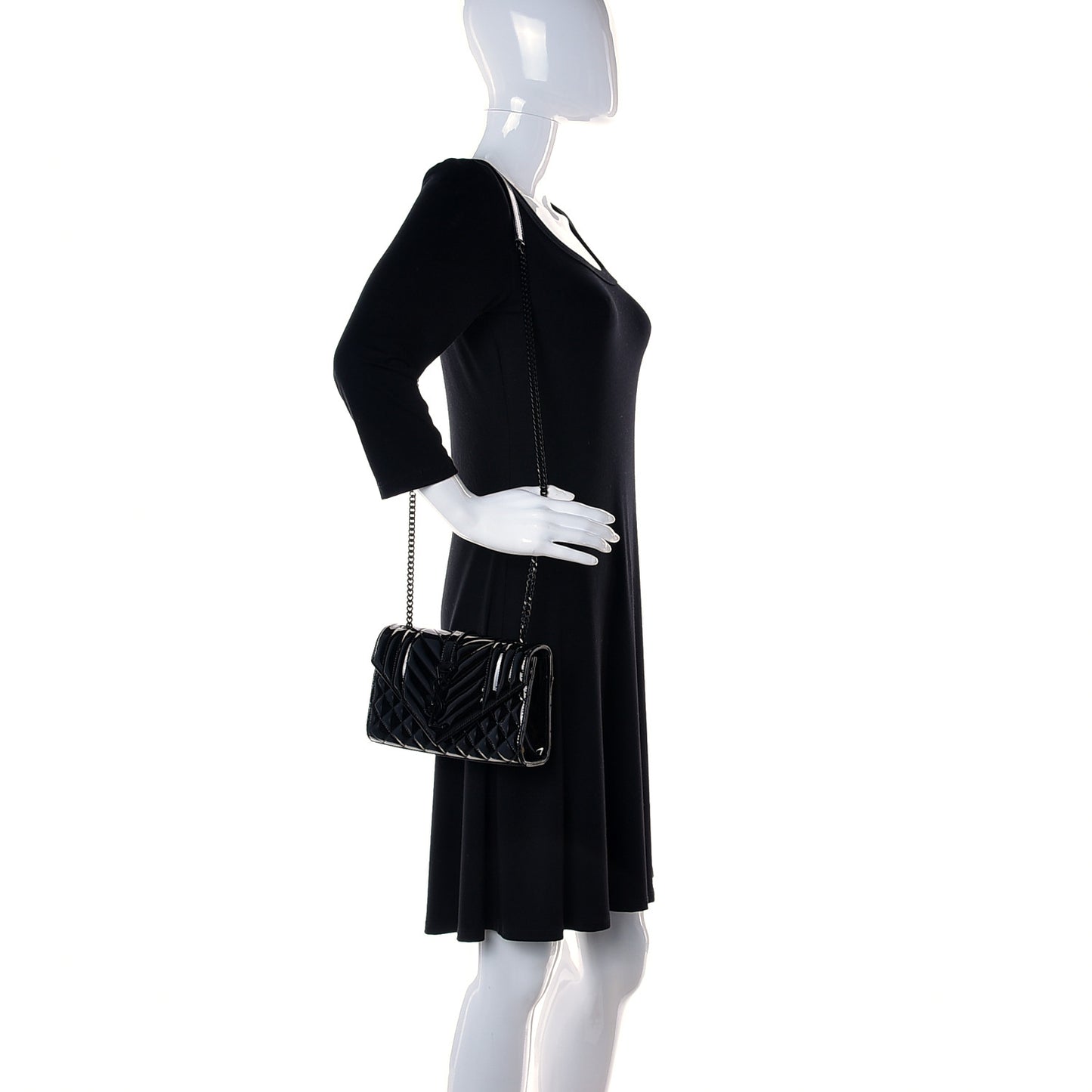 Patent Mixed Matelasse Triquilt Small Monogram Satchel Black