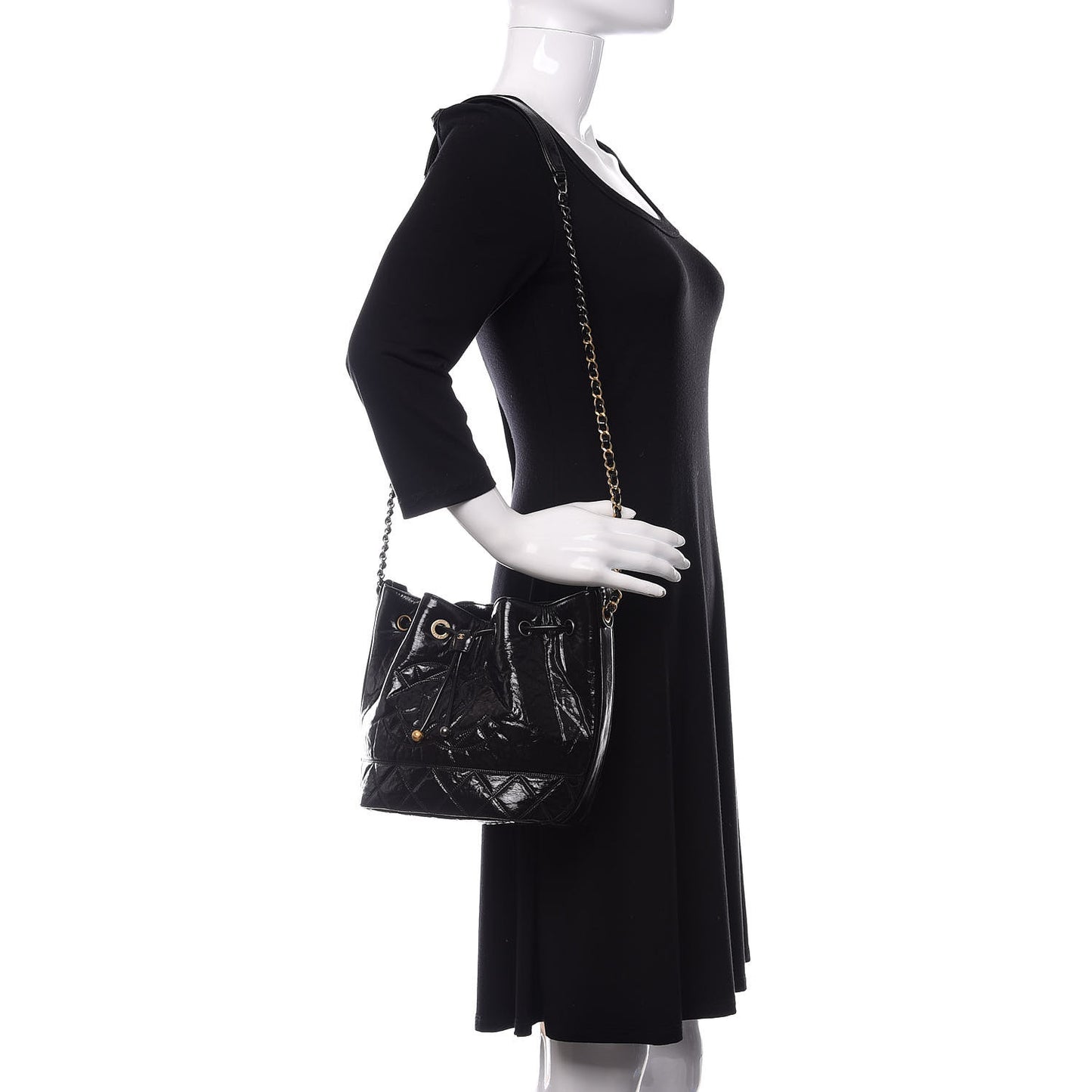 Shiny Aged Calfskin CC Chain Drawstring Bag Black