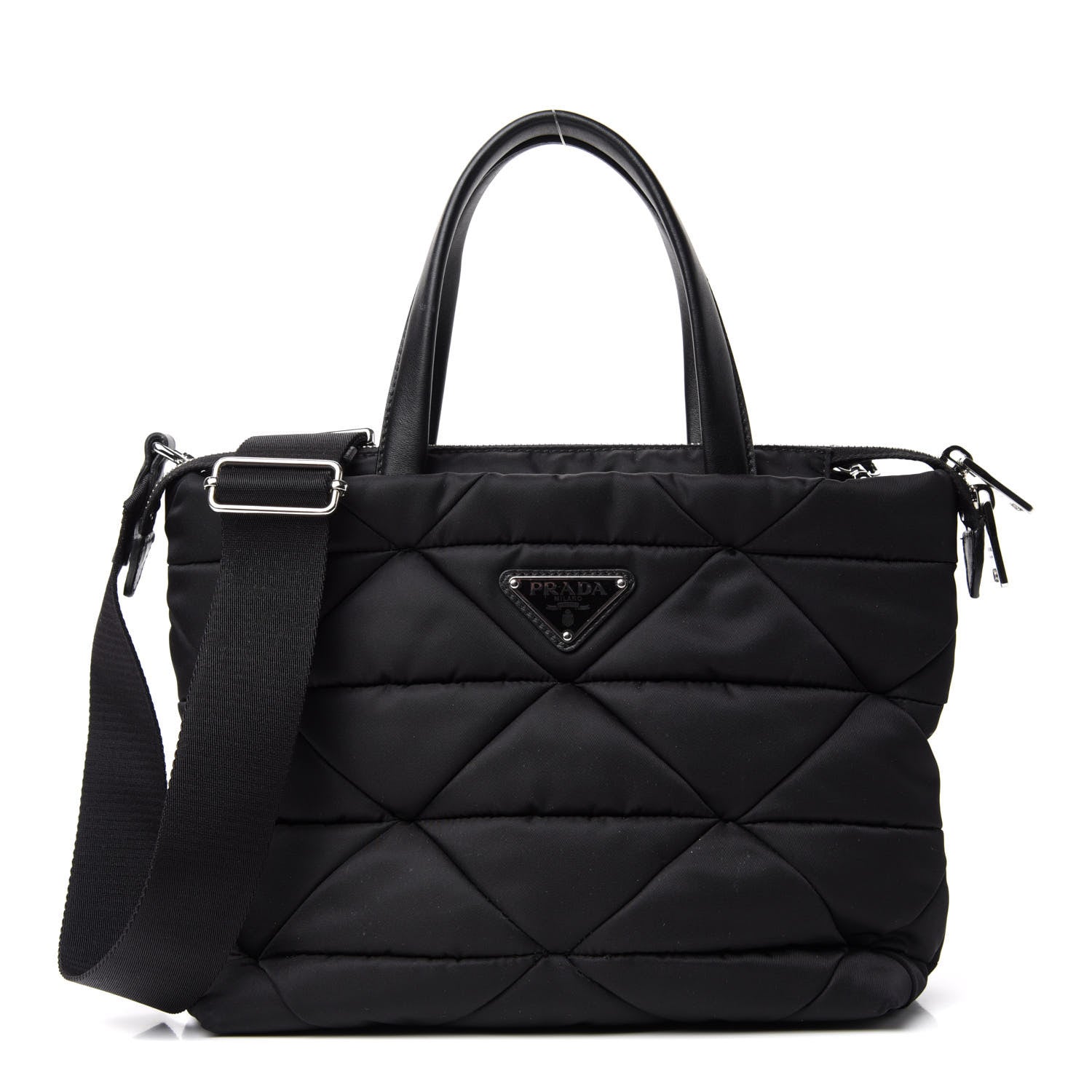 Prada Re-Nylon Nappa Triangle Quilted Padded Double Handled Zip Pocket Tote Black 1 of 11