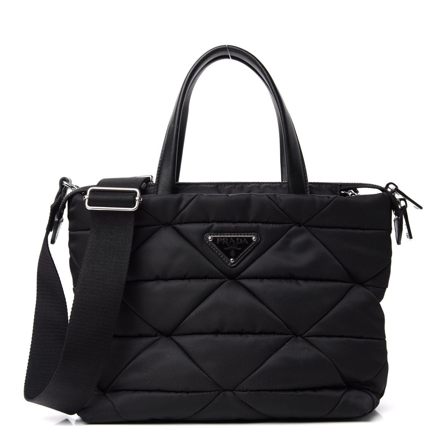 Re-Nylon Nappa Triangle Quilted Padded Double Handled Zip Pocket Tote Black