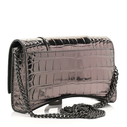 Balenciaga Shiny Calfskin Crocodile Embossed Hourglass Chain Bag Gunmetal 2 of 10