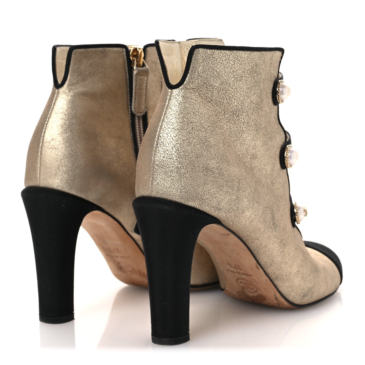 Chanel Metallic Calfskin Grosgrain Cap Toe Pearl Ankle Boots 37.5 Gold 5 of 14