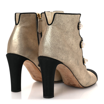 Chanel Metallic Calfskin Grosgrain Cap Toe Pearl Ankle Boots 37.5 Gold 5 of 14