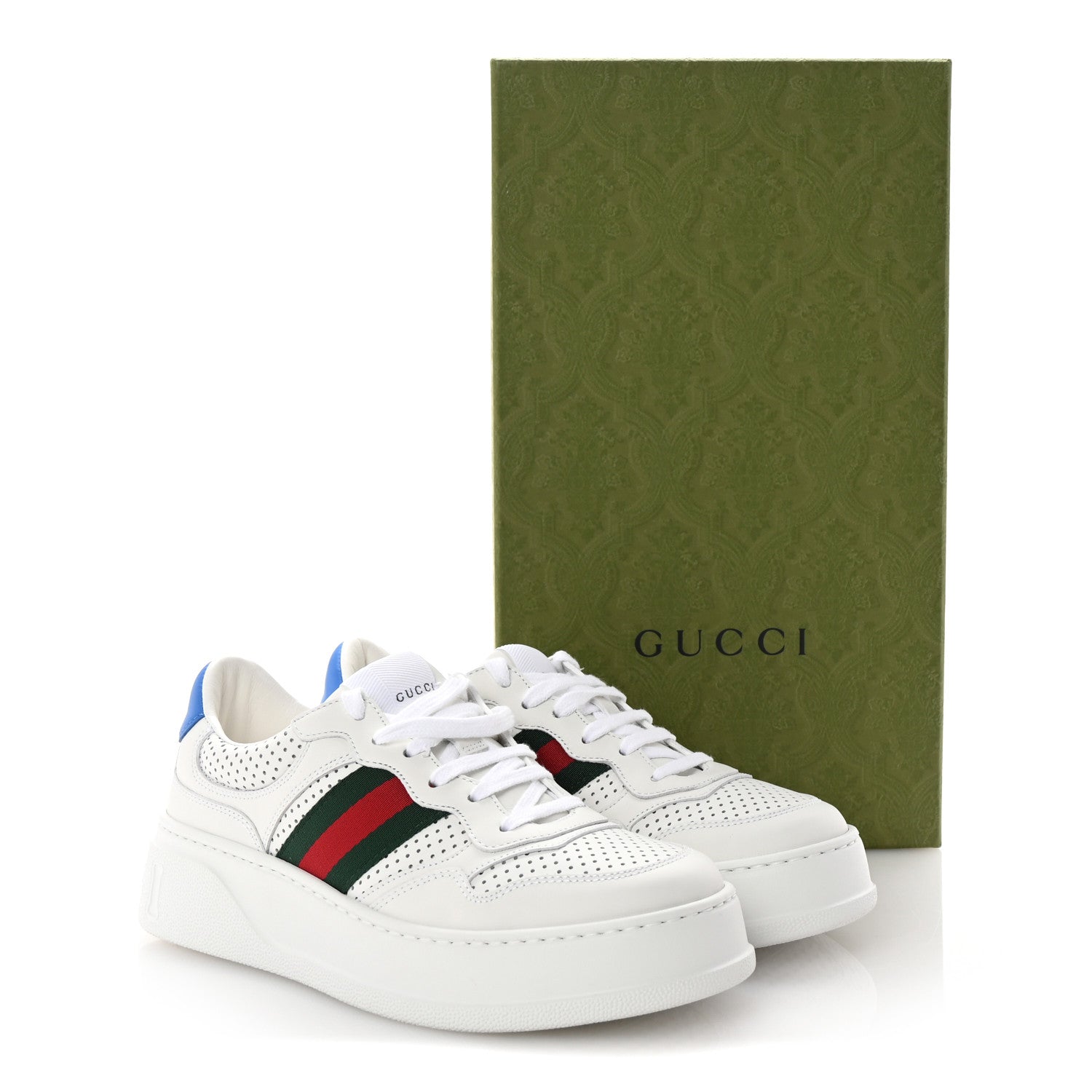 Gucci Calfskin Web Perforated Womens Platform 55mm Sneakers 38.5 White Bright Splash 10 of 10