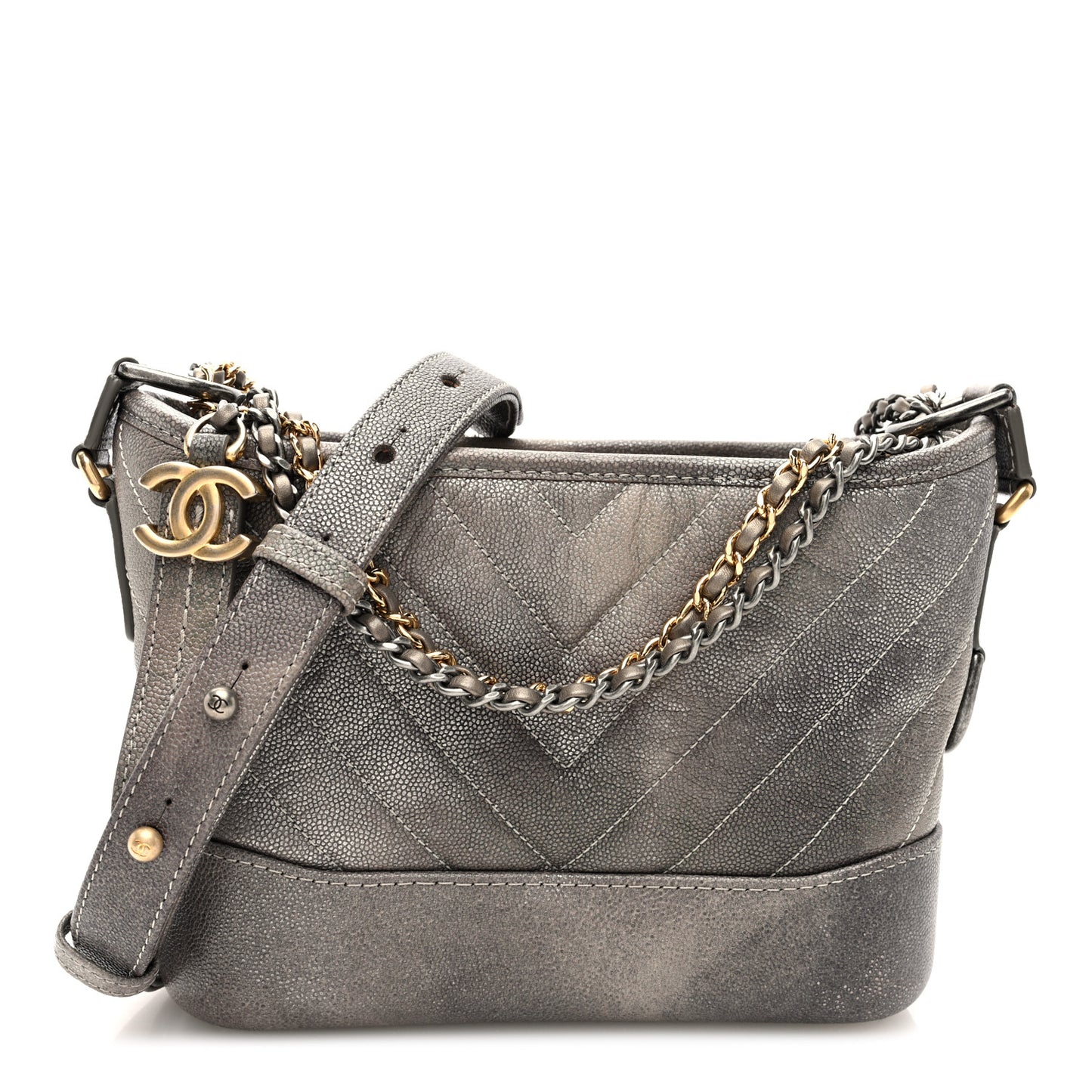 Metallic Caviar Chevron Quilted Small Gabrielle Hobo Light Silver Gold