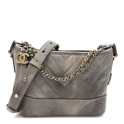 Chanel Metallic Caviar Chevron Quilted Small Gabrielle Hobo Light Silver Gold 1 of 10