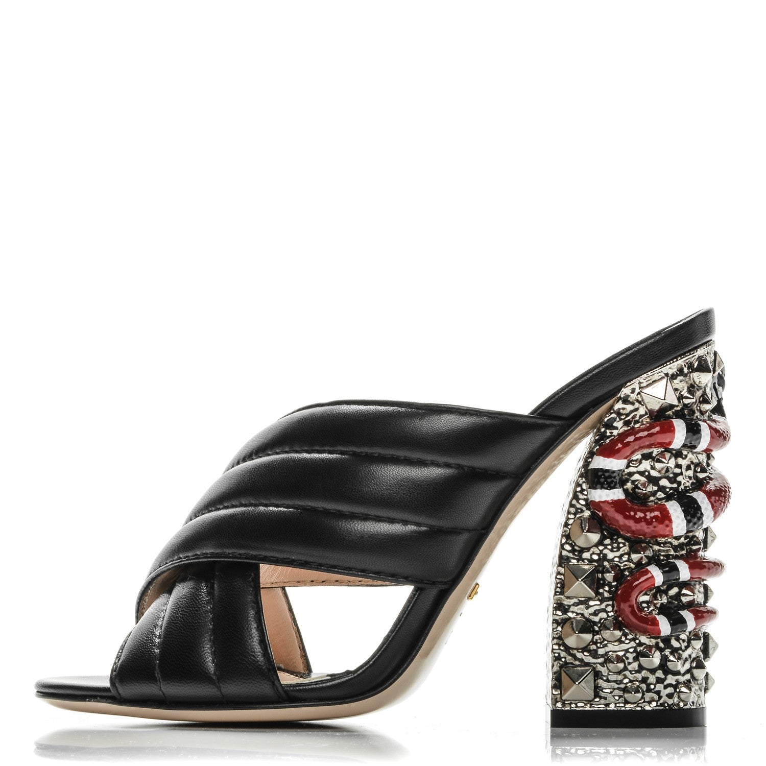 Gucci Malaga Kid Kingsnake Webby Crossover High Heel Slide Sandals 37.5 Black 1 of 9
