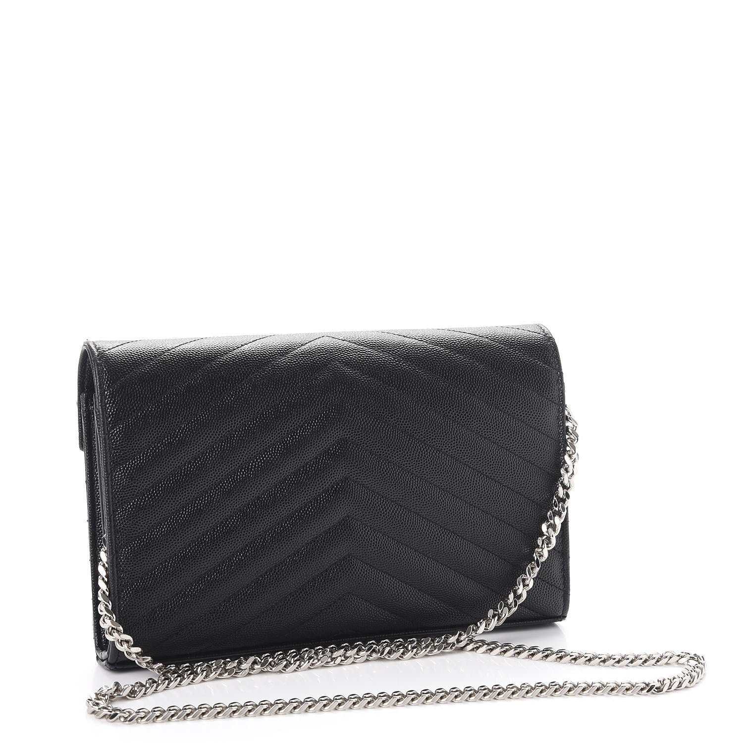 Saint Laurent Grain De Poudre Matelasse Chevron Monogram Chain Wallet Black 3 of 12