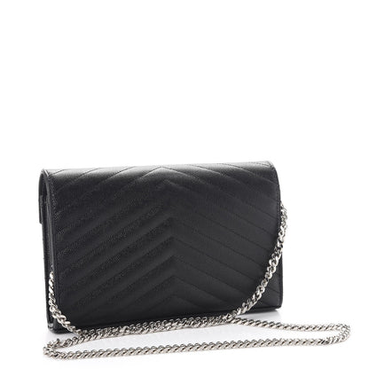 Saint Laurent Grain De Poudre Matelasse Chevron Monogram Chain Wallet Black 3 of 12