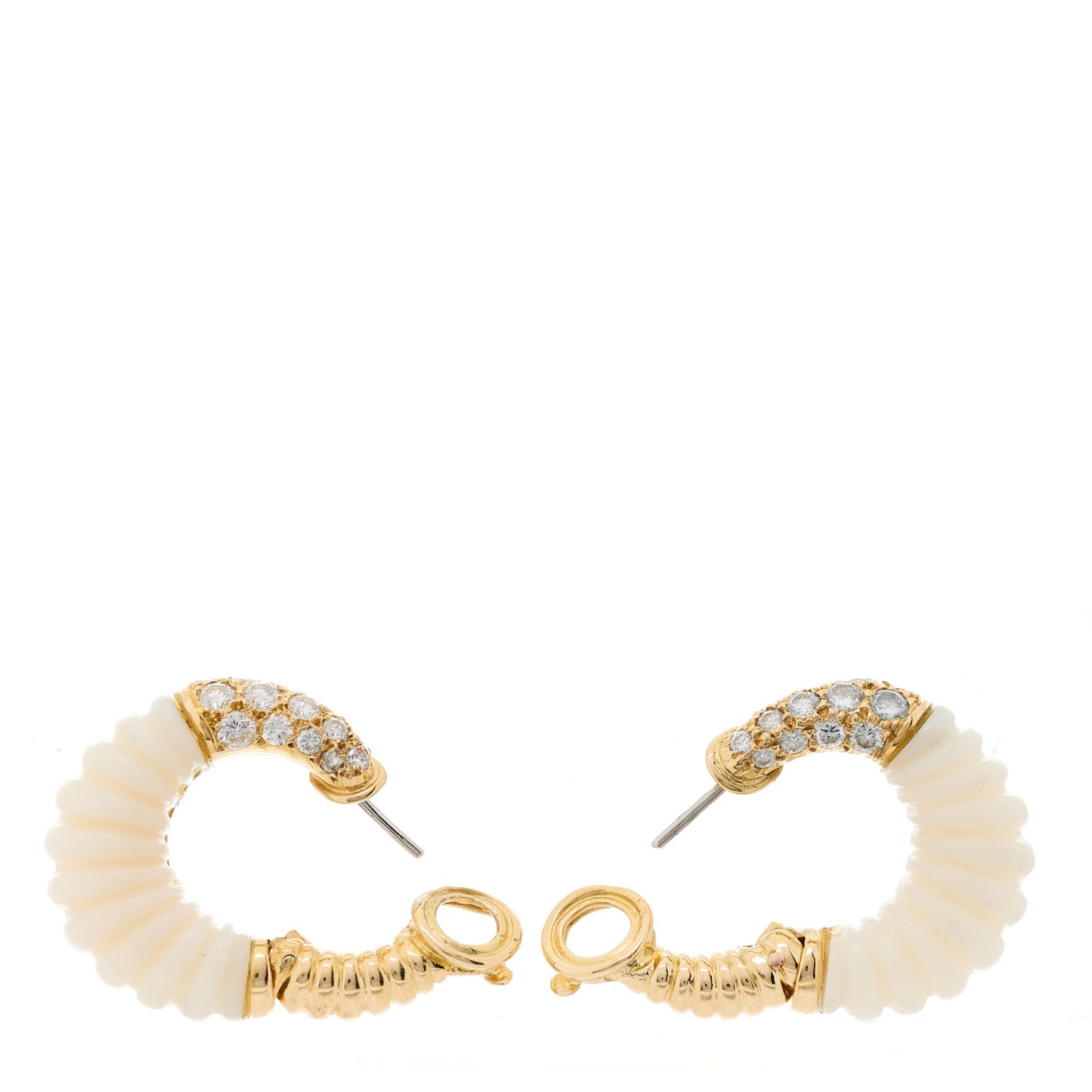 18K Yellow Gold Diamond White Coral Creole Hoop Earrings