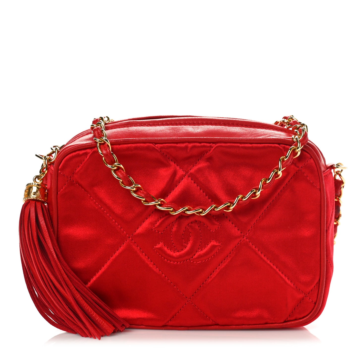 Satin Quilted CC Tassel Camera Case Red