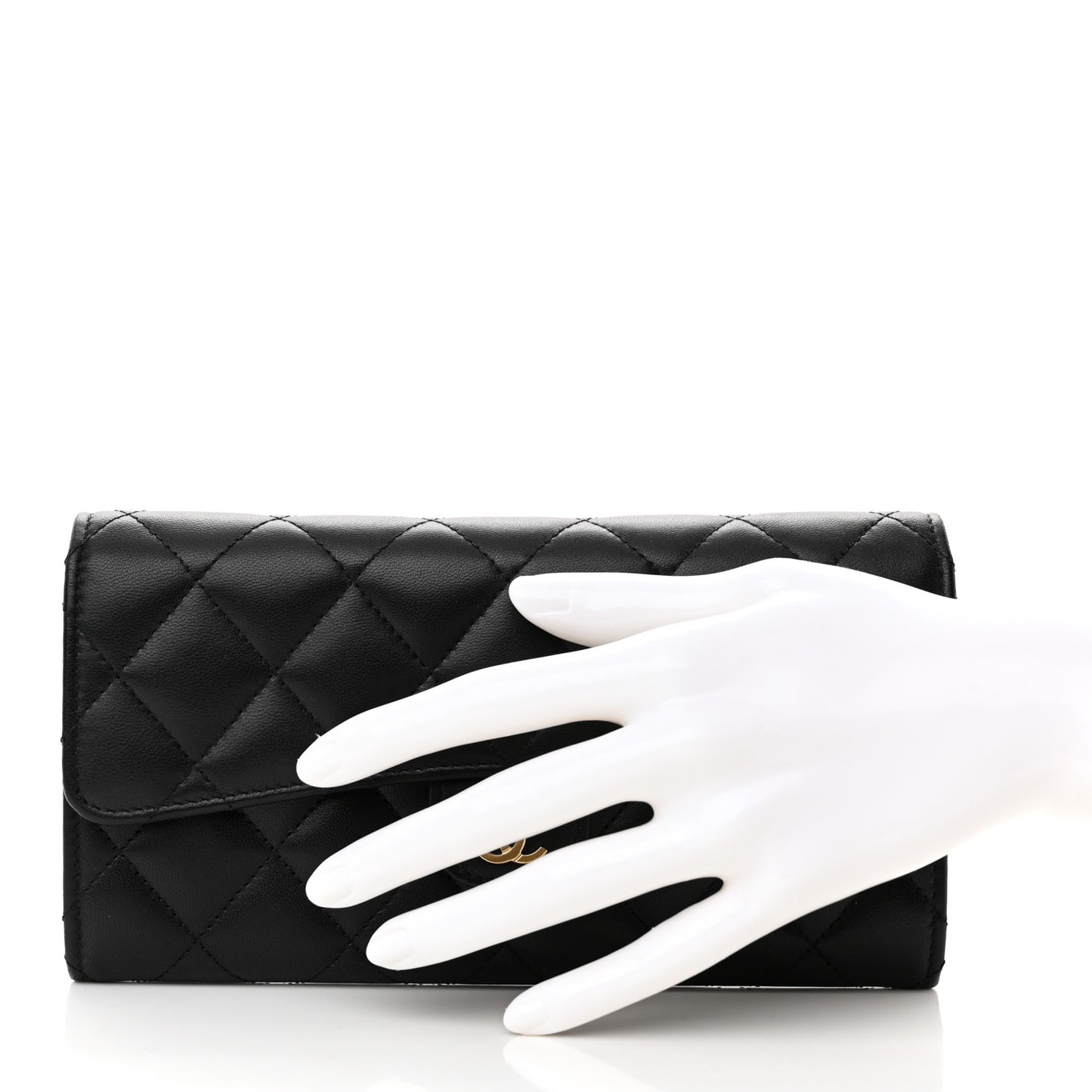 Lambskin Quilted Large Gusset Flap Wallet Black