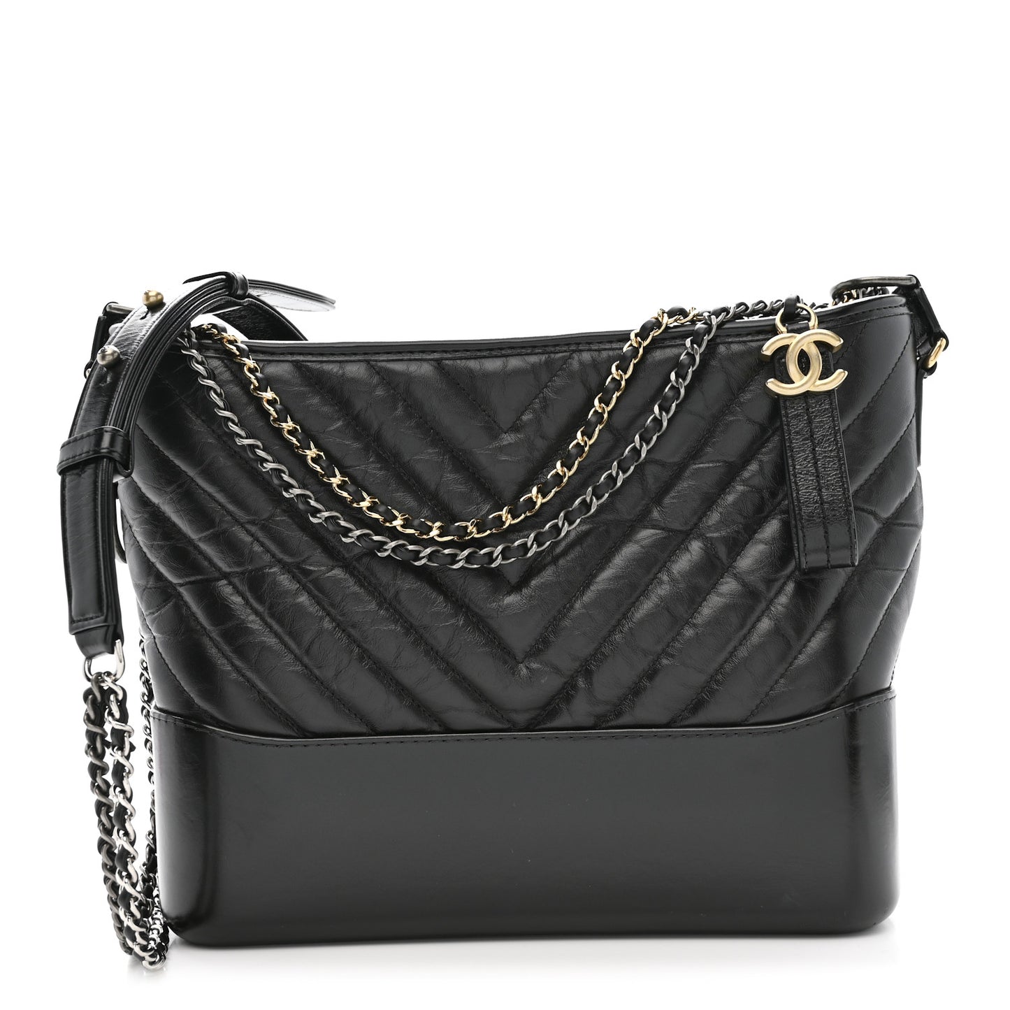 Aged Calfskin Chevron Quilted Medium Gabrielle Hobo Black