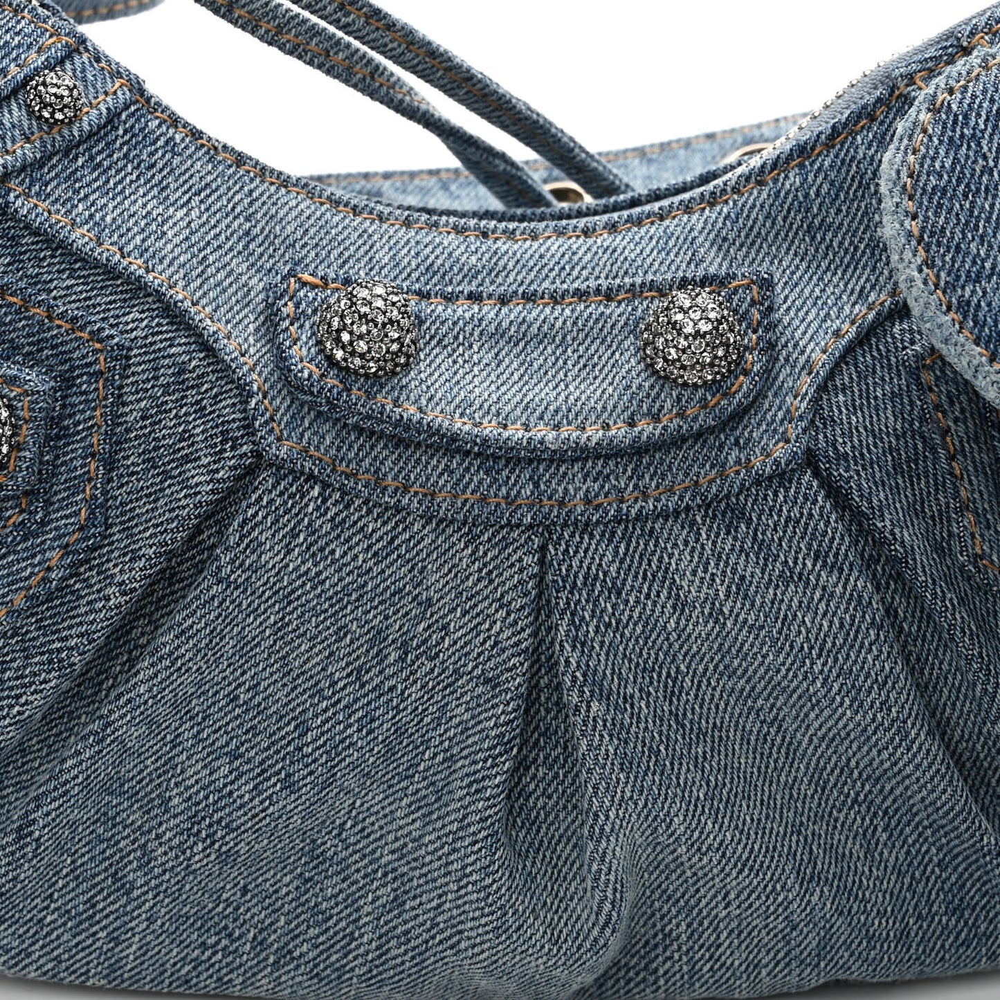 Washed Frayed Denim Crystal Le Cagole Shoulder Bag XS Blue