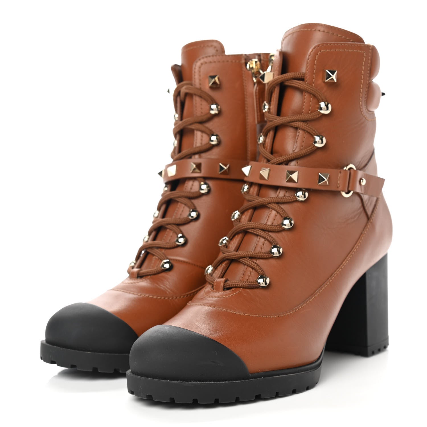 Valentino Garavani Calfskin Rockstud Cap Toe Combat Boots 38 Tan 3 of 26