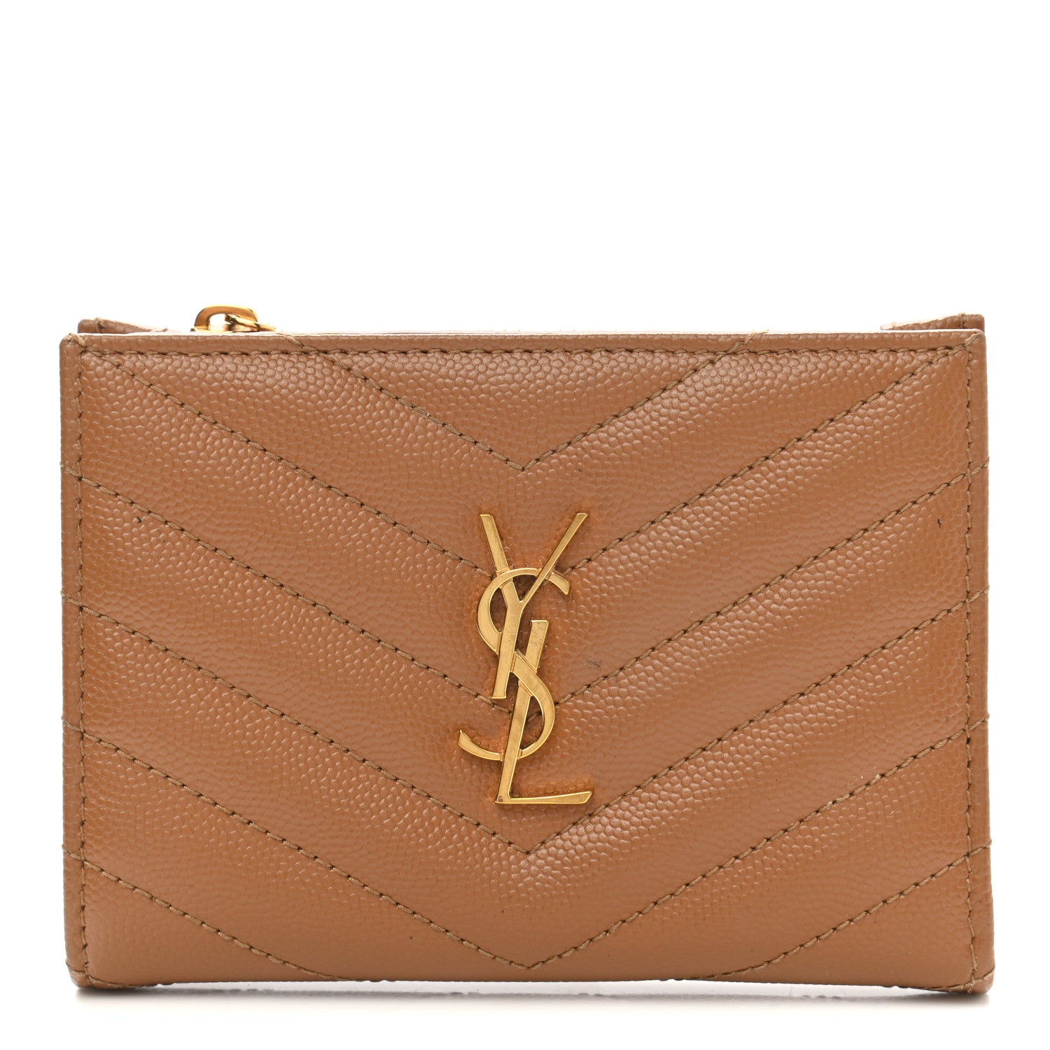 Saint Laurent Grain De Poudre Matelasse Chevron Monogram Zipped Card Case Natural Dark 1 of 8