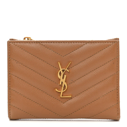 Saint Laurent Grain De Poudre Matelasse Chevron Monogram Zipped Card Case Natural Dark 1 of 8