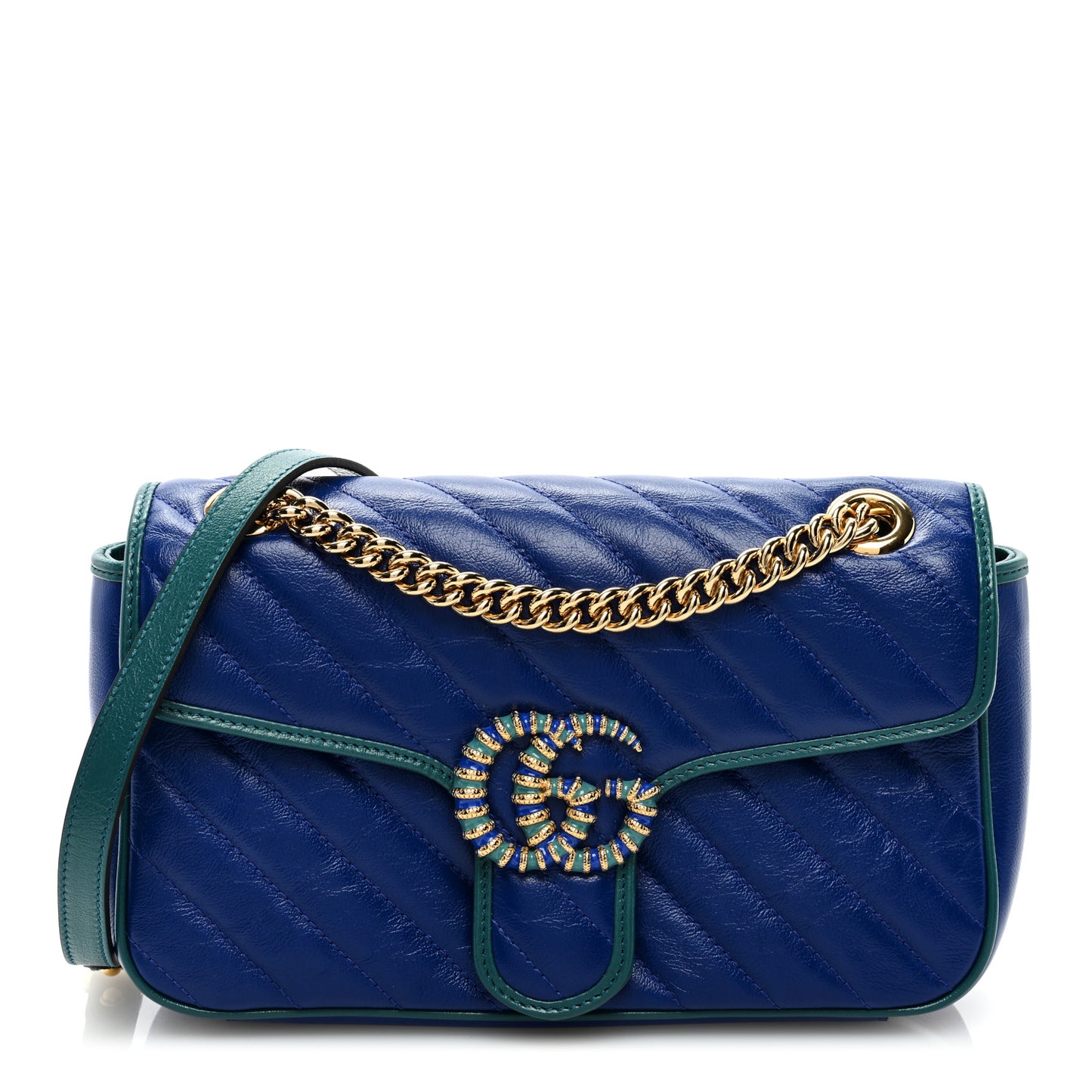 Azalea Calfskin Enamel Matelasse Diagonal Small Torchon GG Marmont Shoulder Bag Imperial Blue Pavone