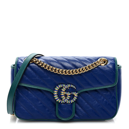 Gucci Azalea Calfskin Enamel Matelasse Diagonal Small Torchon GG Marmont Shoulder Bag Imperial Blue Pavone 1 of 9