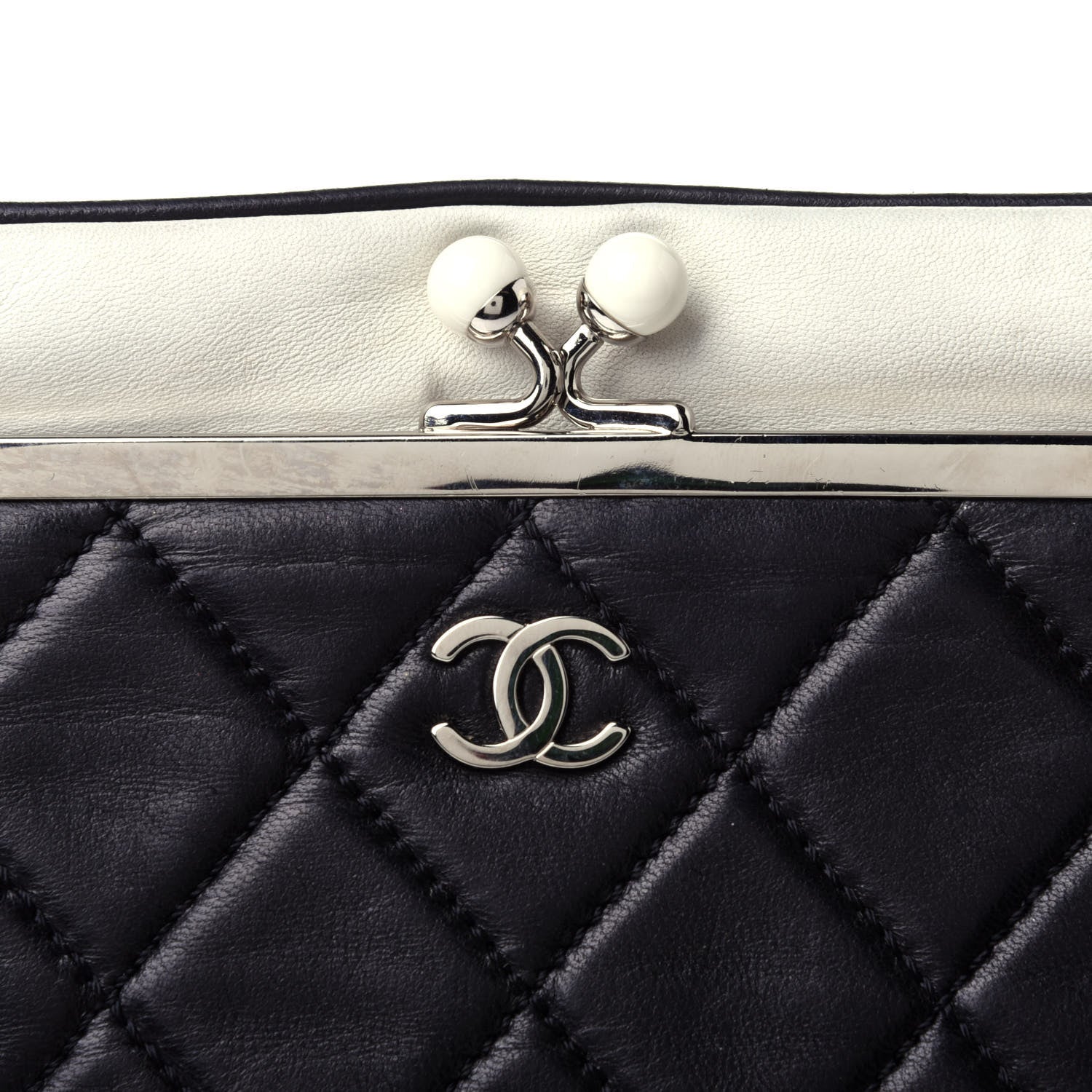 Chanel Lambskin Quilted Pearl Kiss Lock Clutch Black White 4 of 4