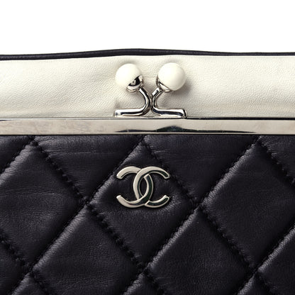 Chanel Lambskin Quilted Pearl Kiss Lock Clutch Black White 4 of 4