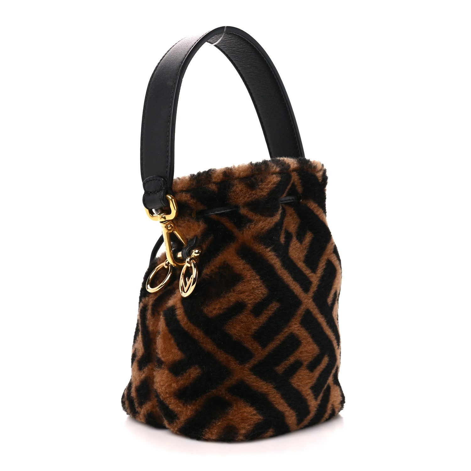 Fendi Shearling Vitello Dolce F is Fendi Macro FF 1974 Mini Mon Tresor Bucket Bag Tobacco Black 3 of 11