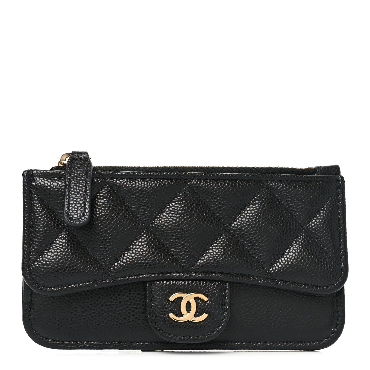 Caviar Quilted Flap Zip Card Holder Black
