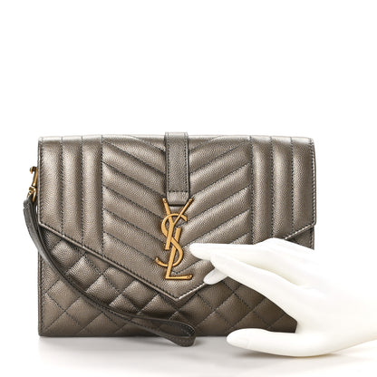 Saint Laurent Grain De Poudre Textured Mixed Matelasse Triquilt Monogram Clutch Piombo 2 of 10