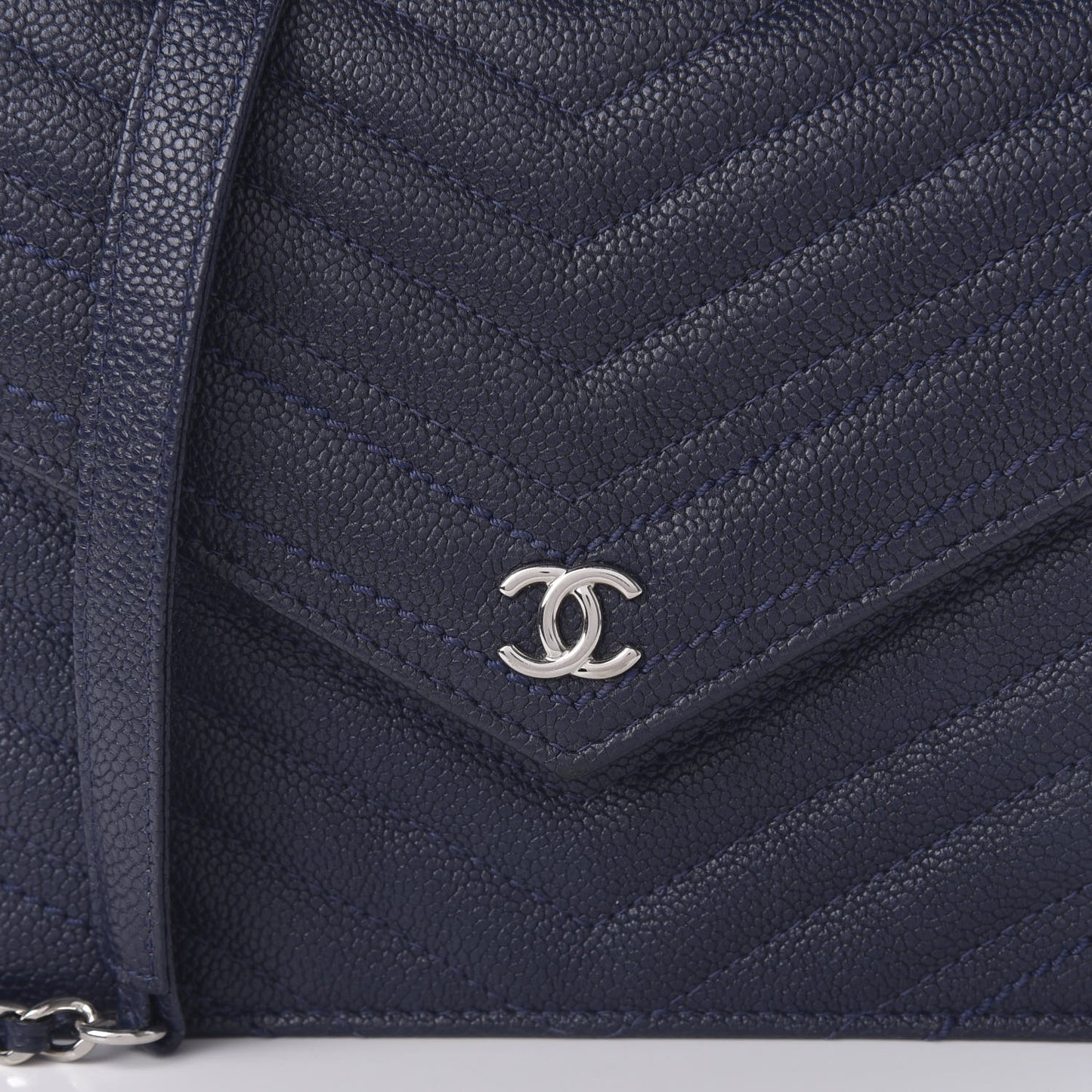Caviar Chevron Quilted Square Wallet On Chain WOC Blue