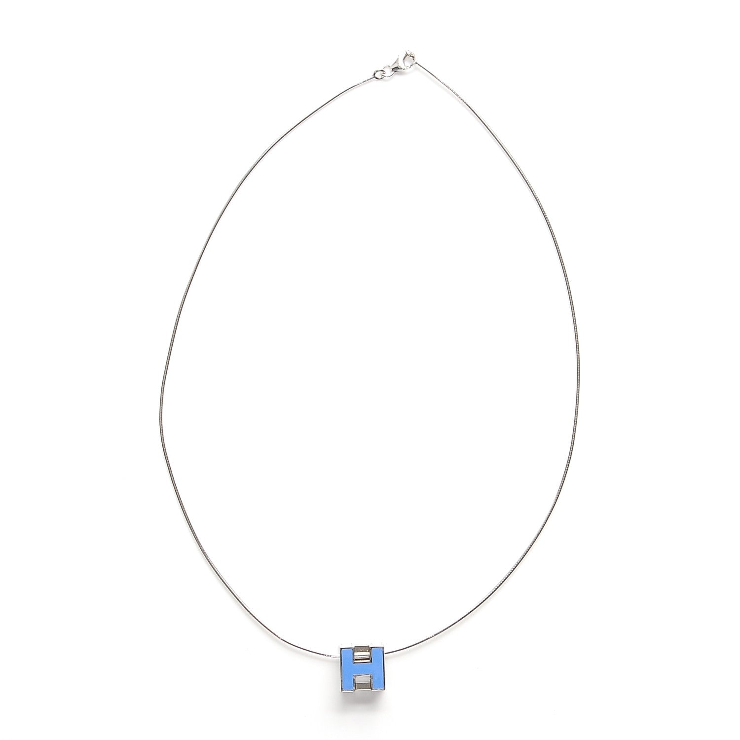 Hermes Lacquered Palladium Cage d'H Pendant Necklace Bleu Transat 5 of 5