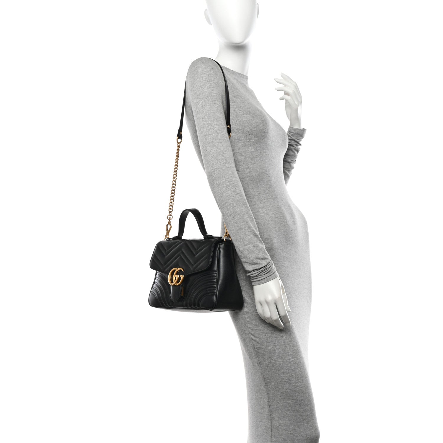 Gucci Calfskin Matelasse Small GG Marmont Top Handle Shoulder Bag Black 2 of 11