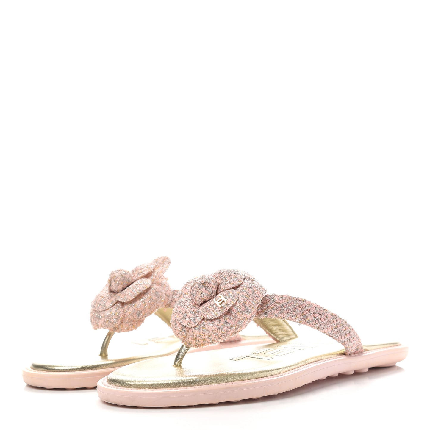 Tweed Quilted Camellia Thong Sandals 36 Salmon Apricot Gold