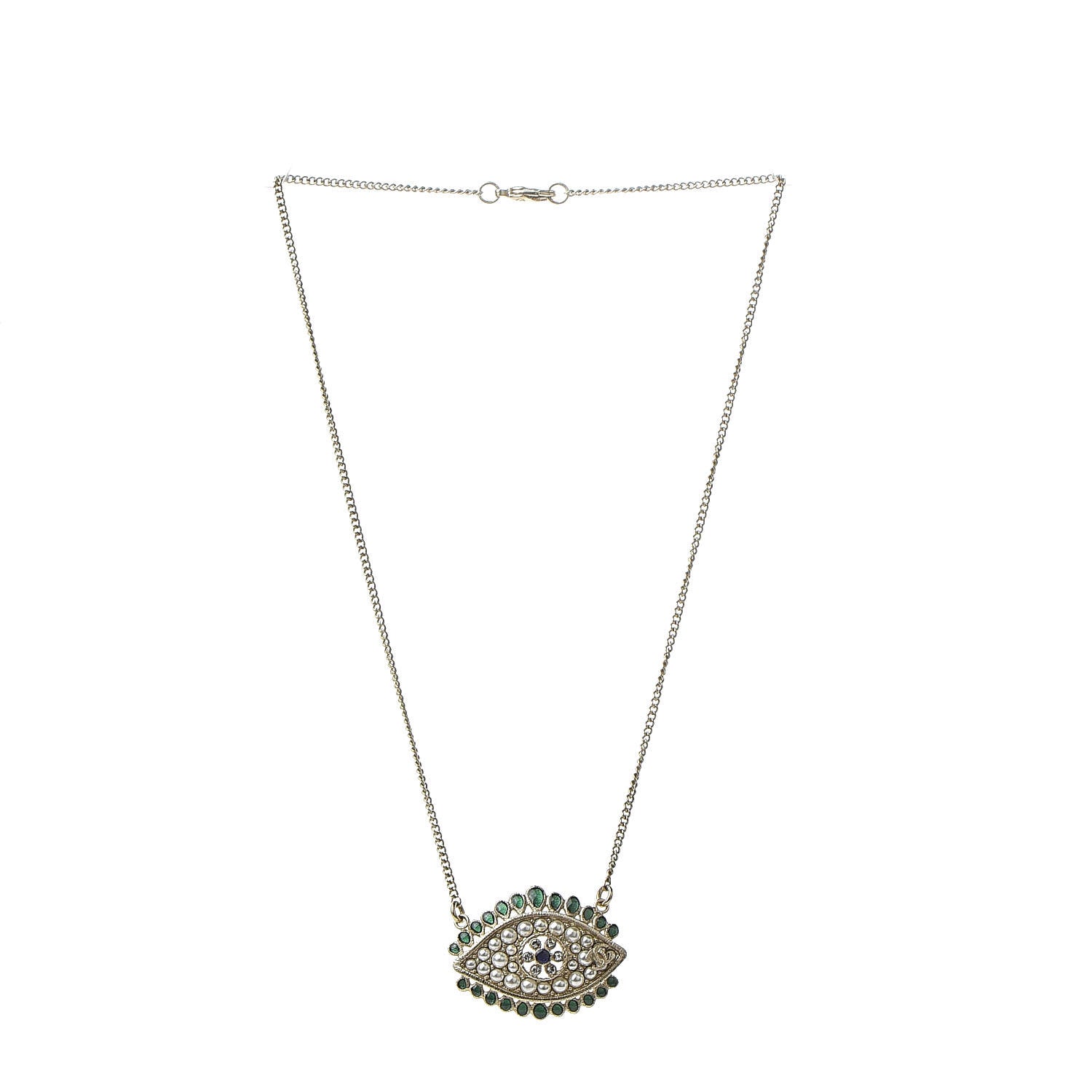 Chanel Resin Crystal Glass Pearl Eye Pendant Necklace Gold Multicolor 3 of 5