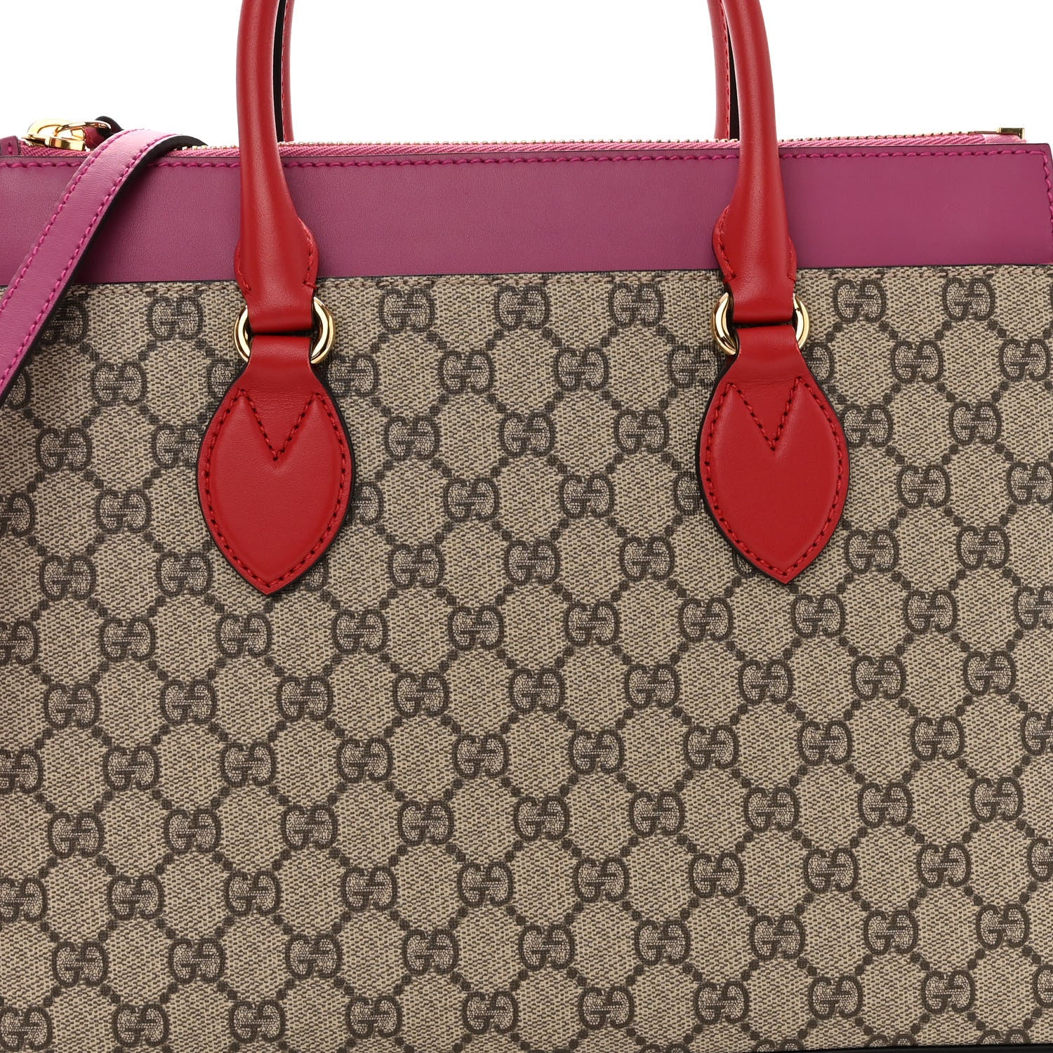 Gucci GG Supreme Monogram Moon Calfskin Small Zip Top Tote Beige Ebony Hibiscus Red New Rosette 10 of 15