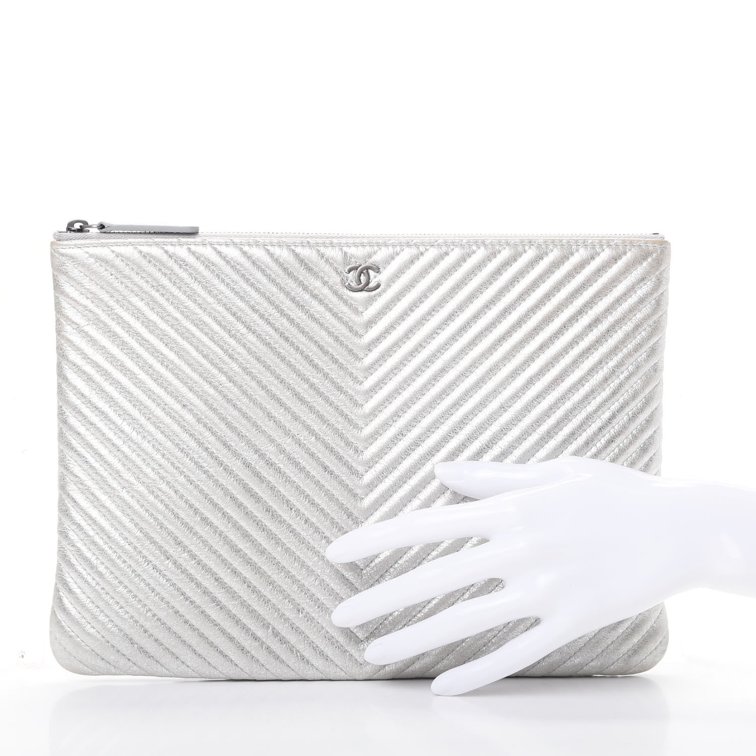 Chanel Metallic Calfskin Chevron Quilted Medium Cosmetic Case Silver 2 of 8