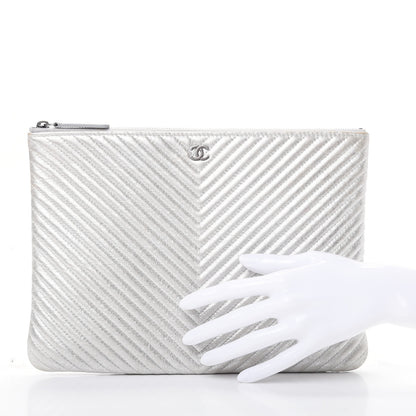 Chanel Metallic Calfskin Chevron Quilted Medium Cosmetic Case Silver 2 of 8