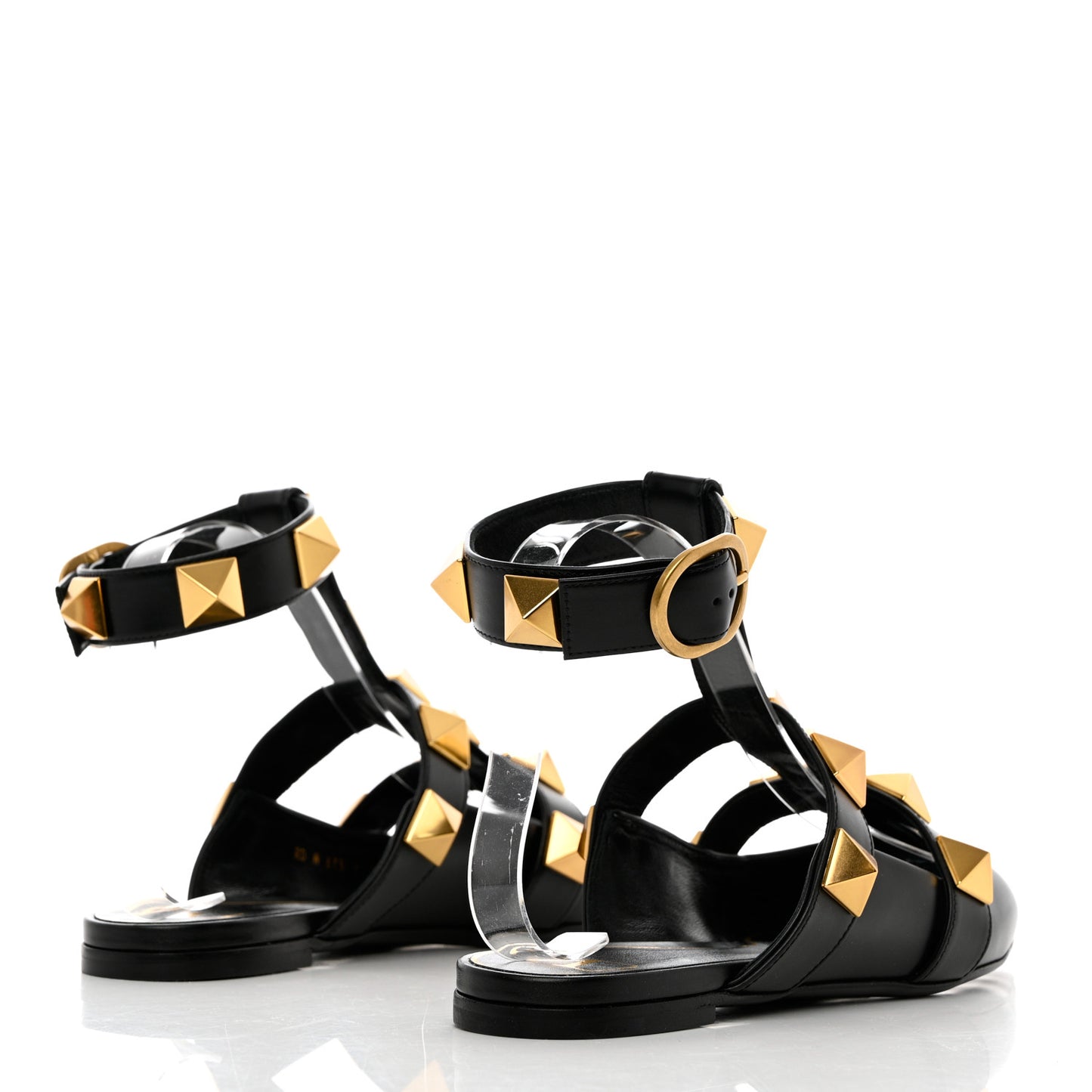 Calfskin Roman Stud Ankle Strap Flat Mules 38 Black