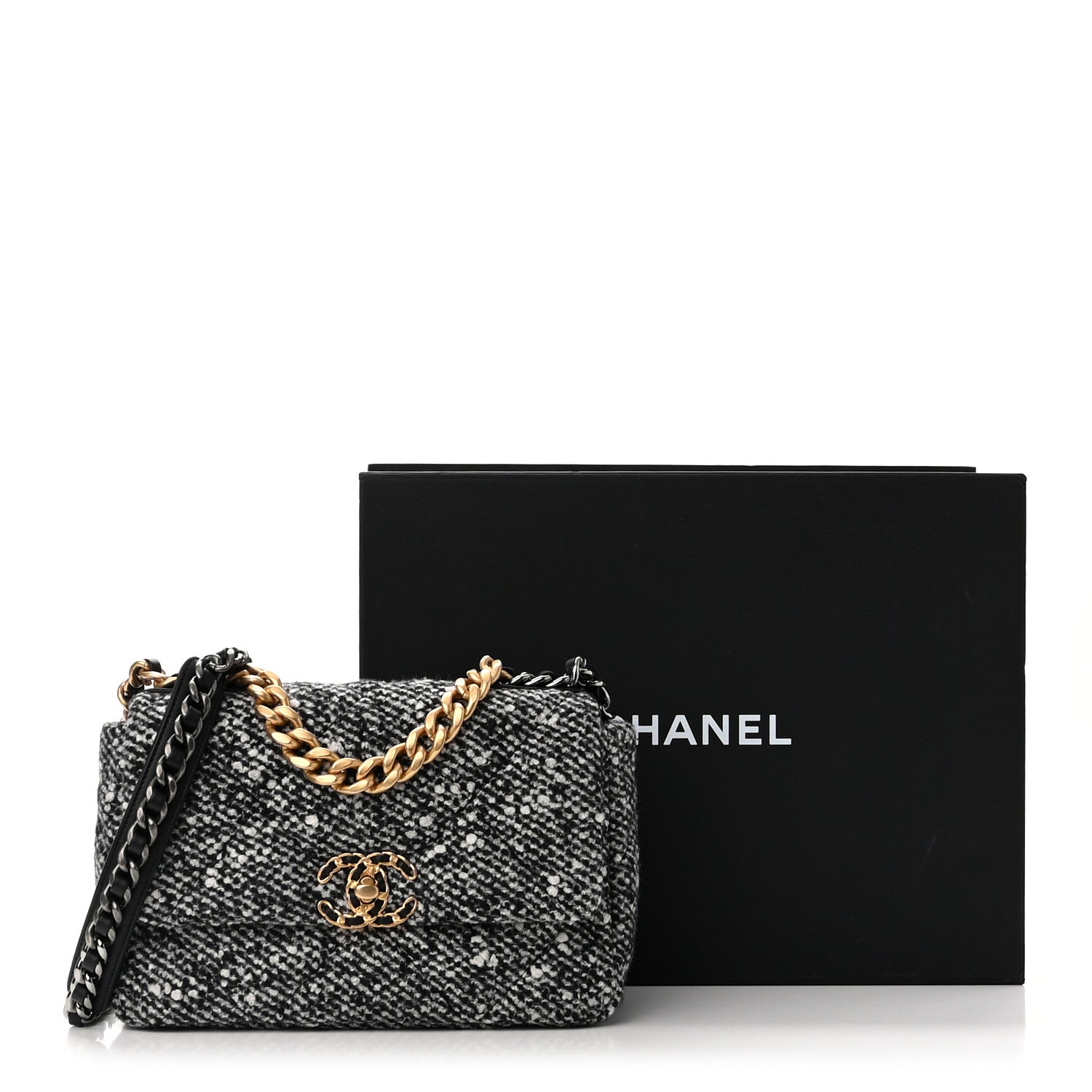 Chanel Tweed Quilted Medium Chanel 19 Flap Black Ecru 11 of 11