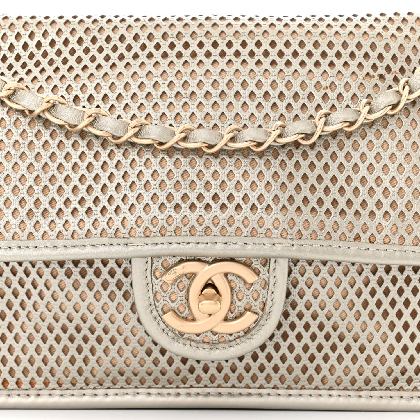 Perforated Calfskin Large Up In The Air Flap Light Gold