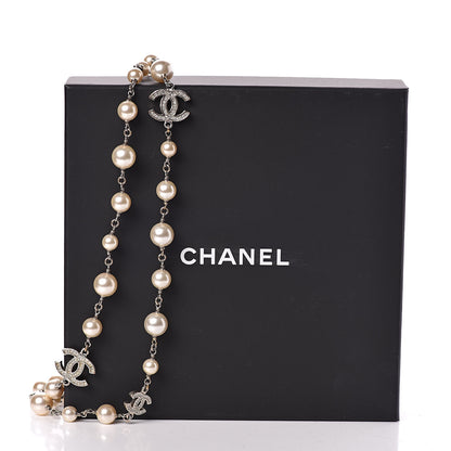 Chanel Graduated Pearl Crystal CC Long Necklace Silver 7 of 9
