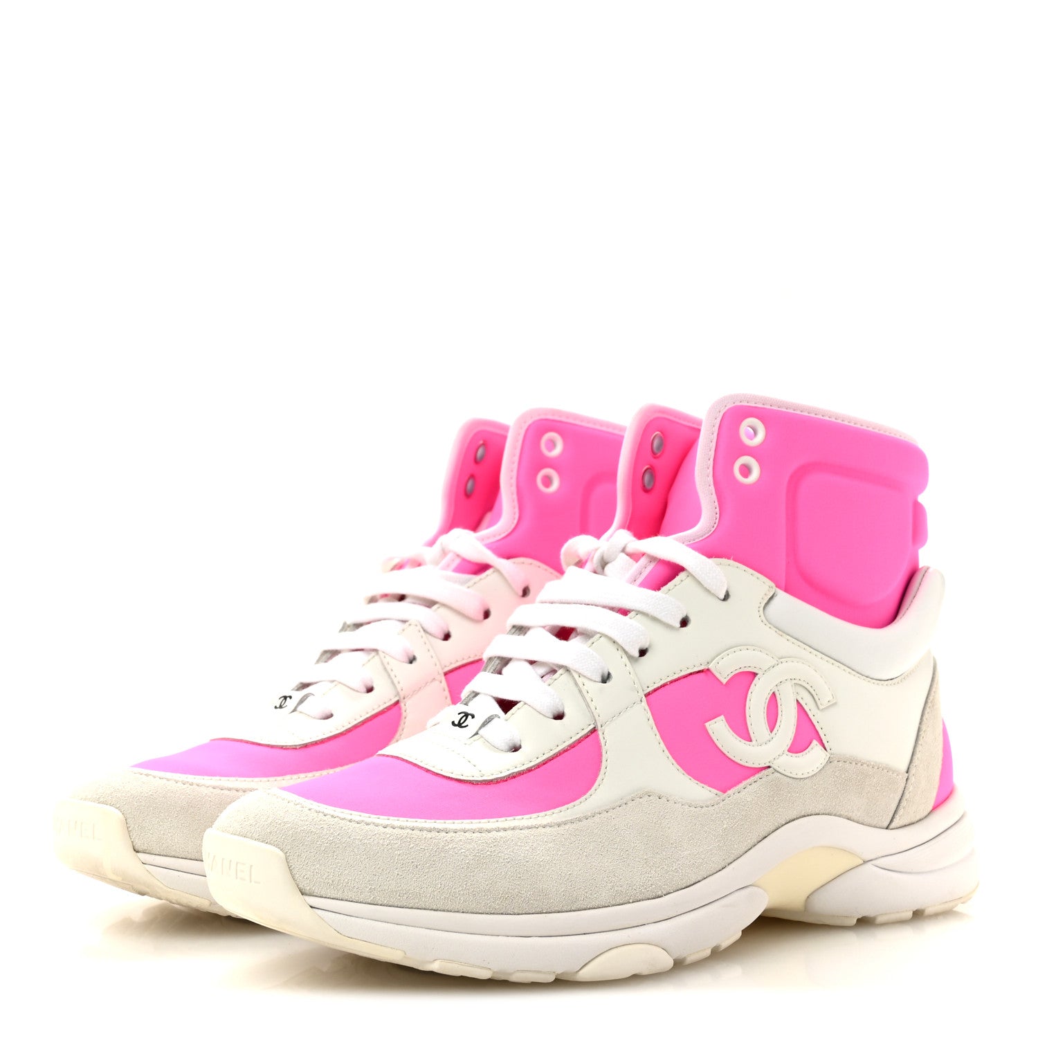 Chanel Suede Calfskin Lambskin Neoprene High Top CC Sneakers 40 White Fluo Pink 4 of 9